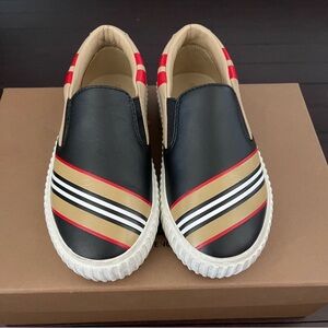 Burberry Black and Tan Kids Sneakers with Red Stripes